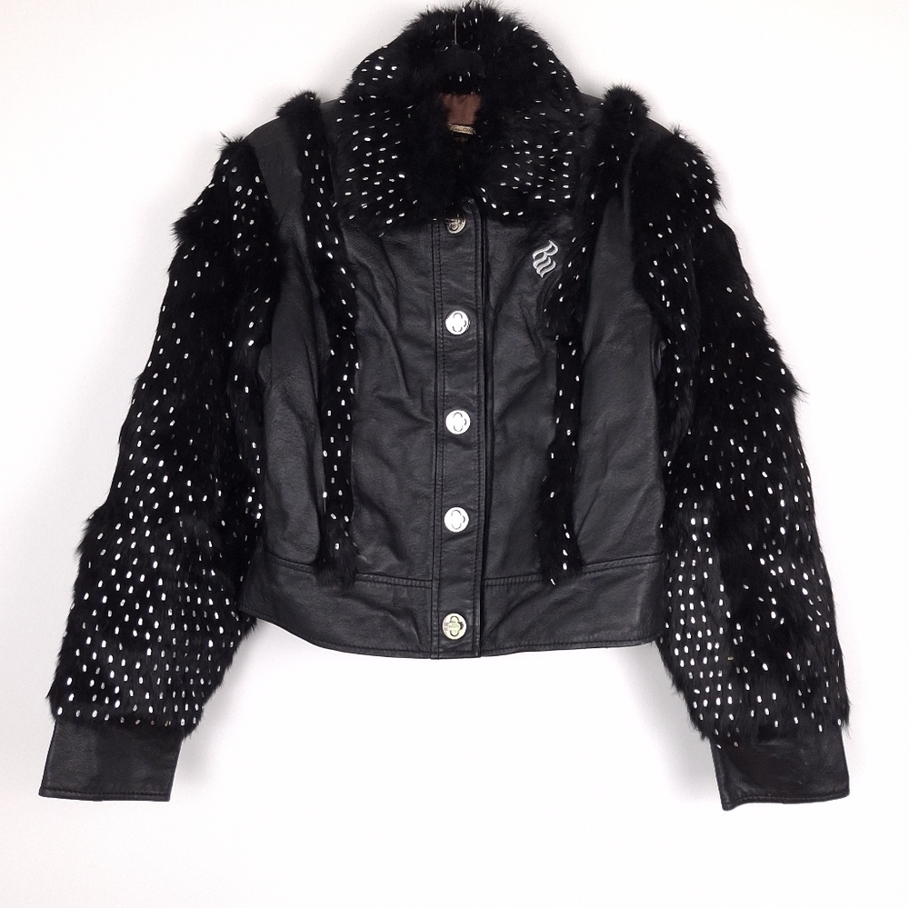 Rocawear vintage Y2K leather real fur jacket bling logo streetwear luxury black